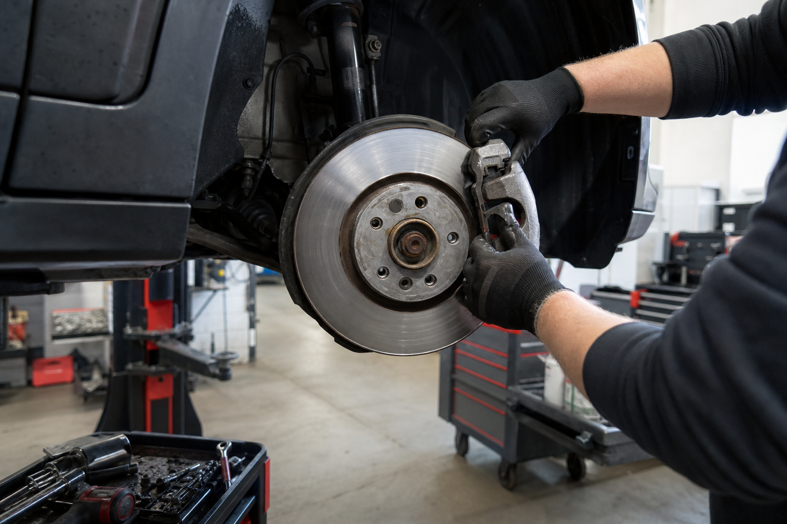 Mechaniker wechselt Bremsscheibe und Bremsbeläge