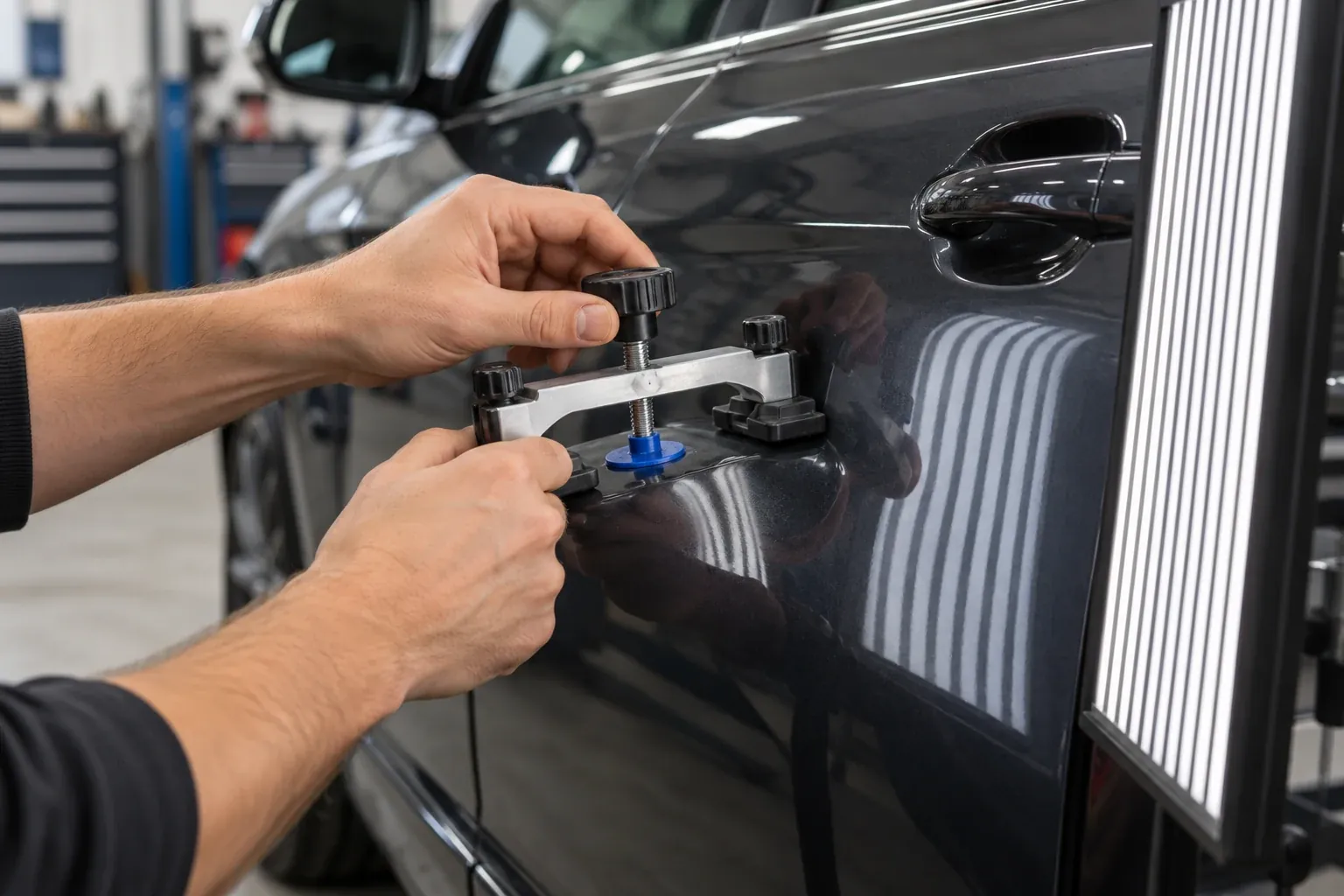 Lackschonende Dellenbearbeitung an einer Autotür